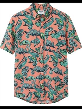 Old Navy Coral Button-Down Shirt with Teal & Green Chameleon Print XXL
